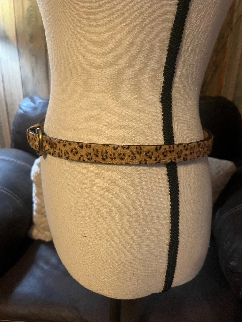 Leopard Print Calf-Hair Leather Skinny Belt with Brass Buckle